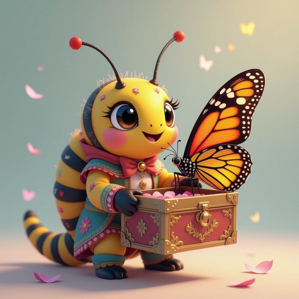 Excited Caterpillar Reveals Butterfly Wings in Anime Style