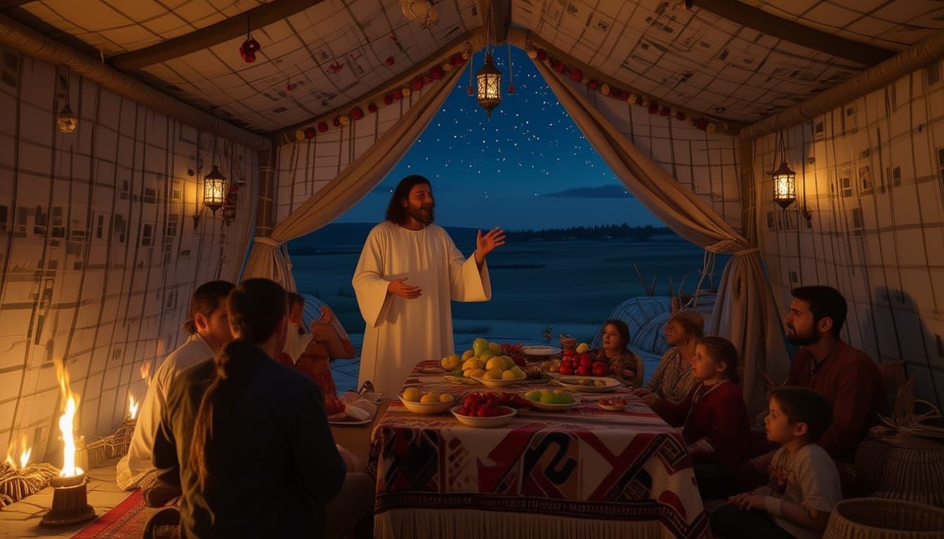 Yeshua Teaching in a Sukkah Under a Starry Night Sky