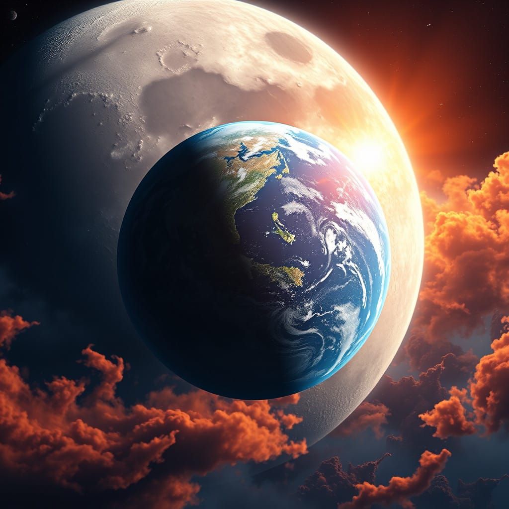 Earth from Space in Futuristic Moon Landscape