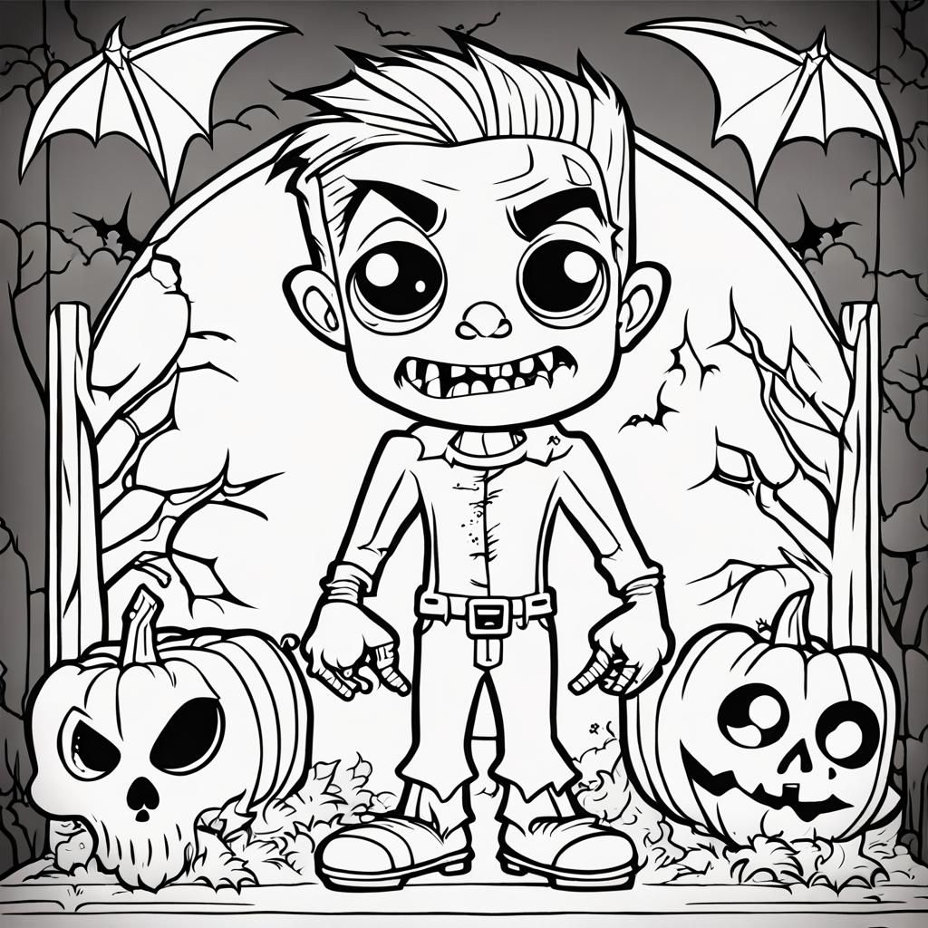 Chibi Frankenstein Halloween Coloring Page in Vector Style