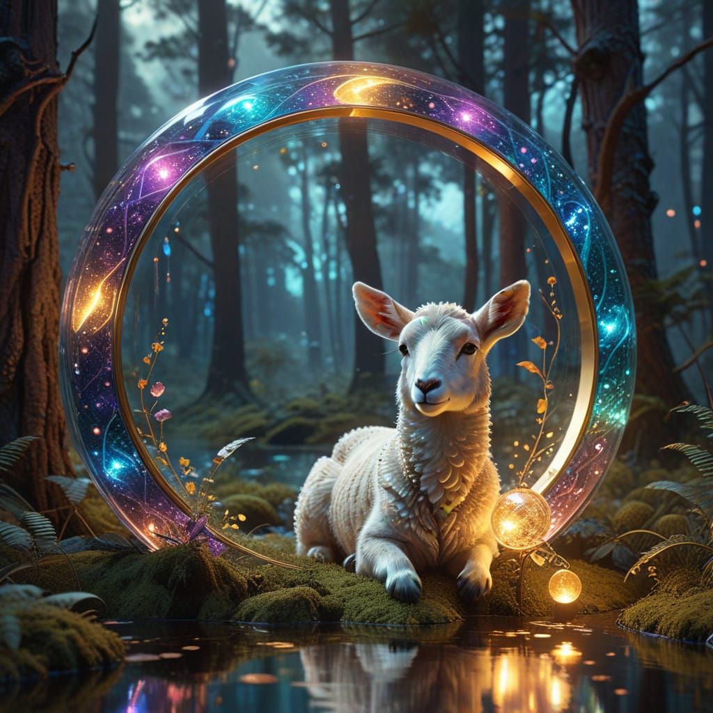 Whimsical Lamb in Iridescent Ring with Cosmic Background