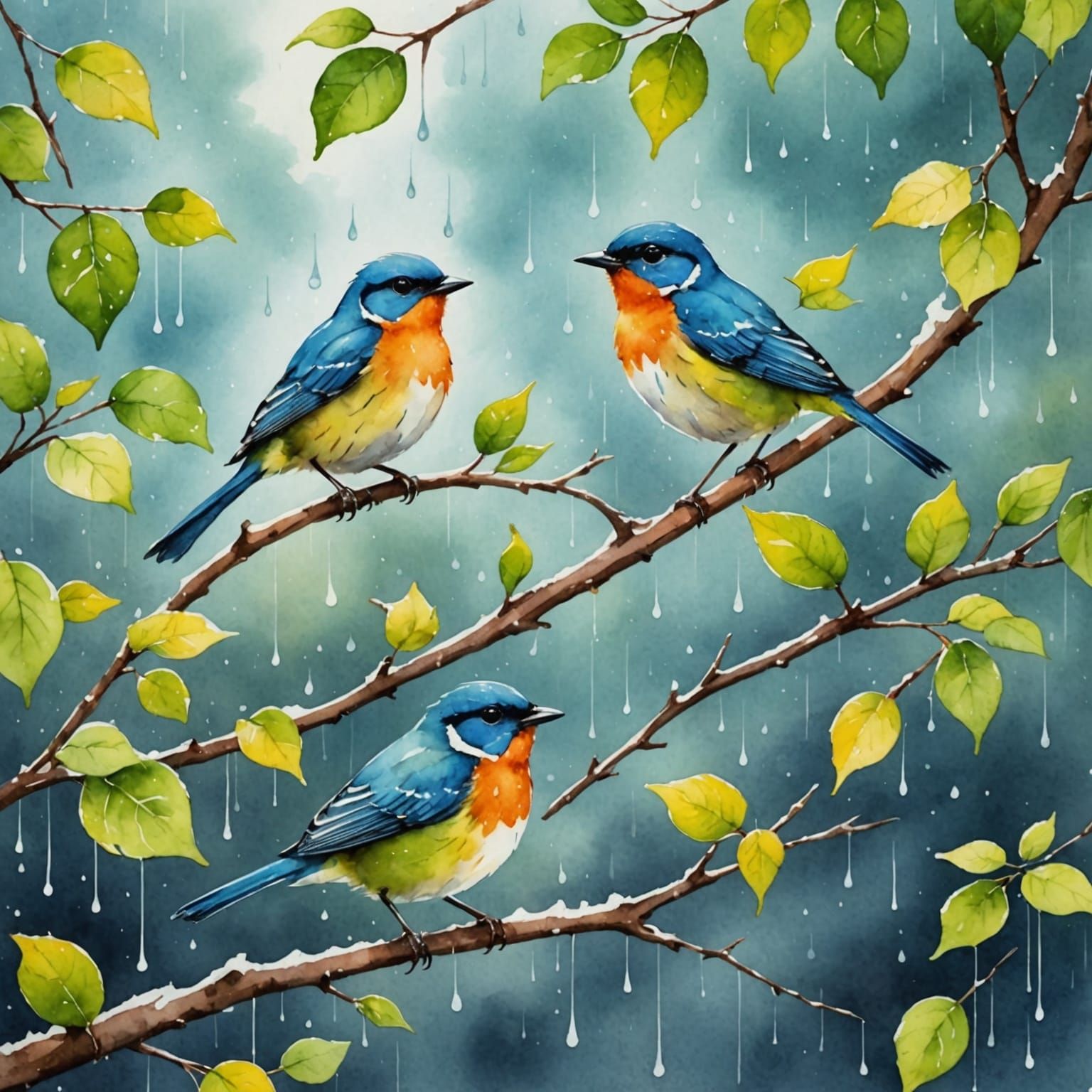Watercolor Scene: Birds Serenade in a Rainy Tree