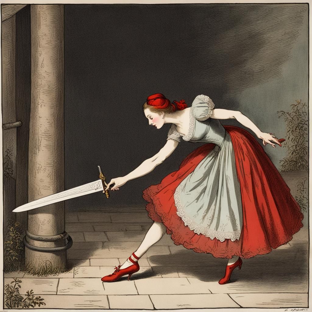 A scene from the red shoes, woman who can’t stop dancing with red shoes has her feet