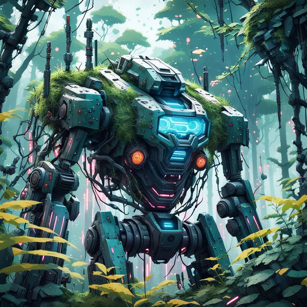Cyberpunk Mech in Forest Decay