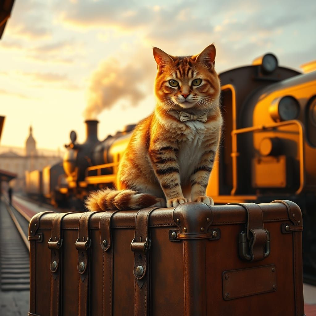 Majestic Feline in Vintage Train Station at Sunset
