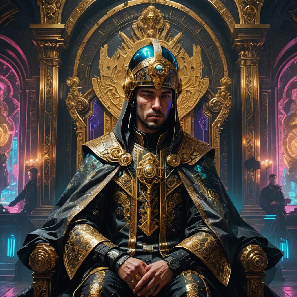 Cyberpunk Renaissance Noble in High-Tech Throne Room