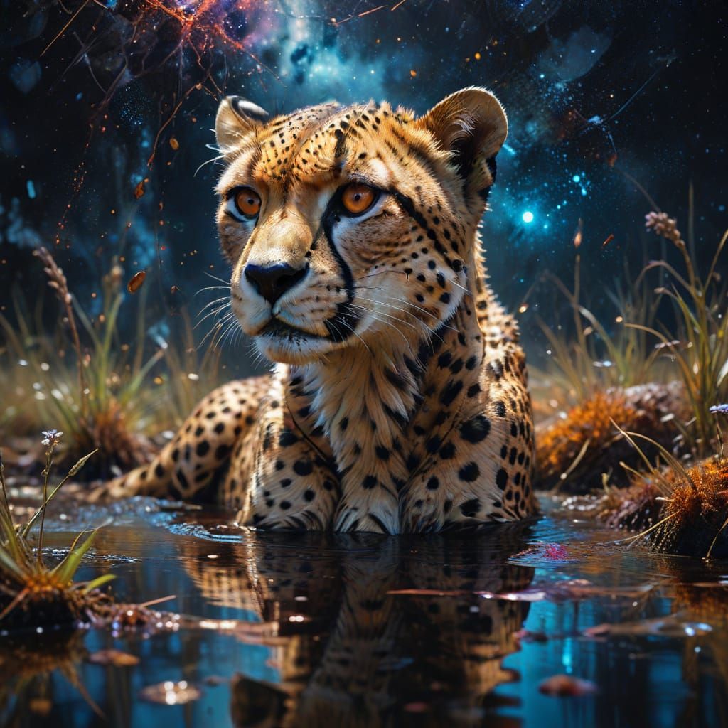 Cheetah's Reflection Under Starry Sky in Dark Fantasy Style