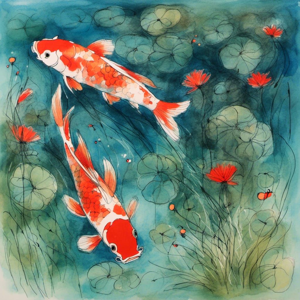 Red Koi in Charcoal and Gouache Flower Garden