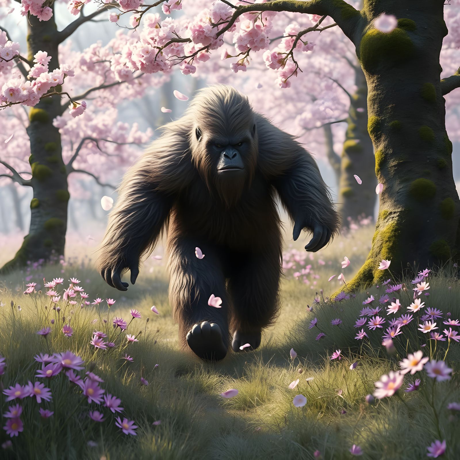 Majestic Sasquatch Amidst Vibrant Cherry Blossoms and Daisie...