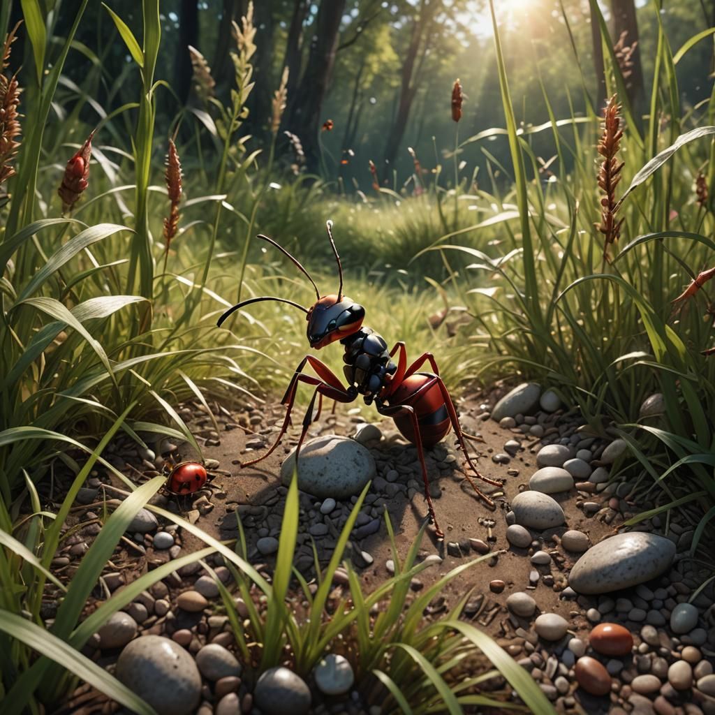 Ant Guarding Forest in Hyper-Realistic Style