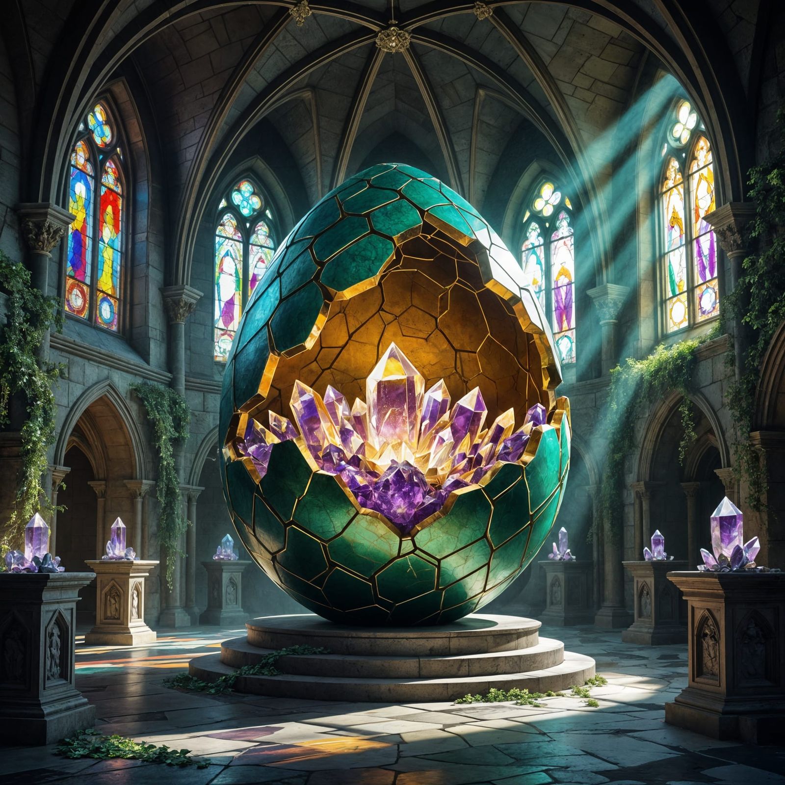 Cracked Dragon Egg in Gothic Cathedral