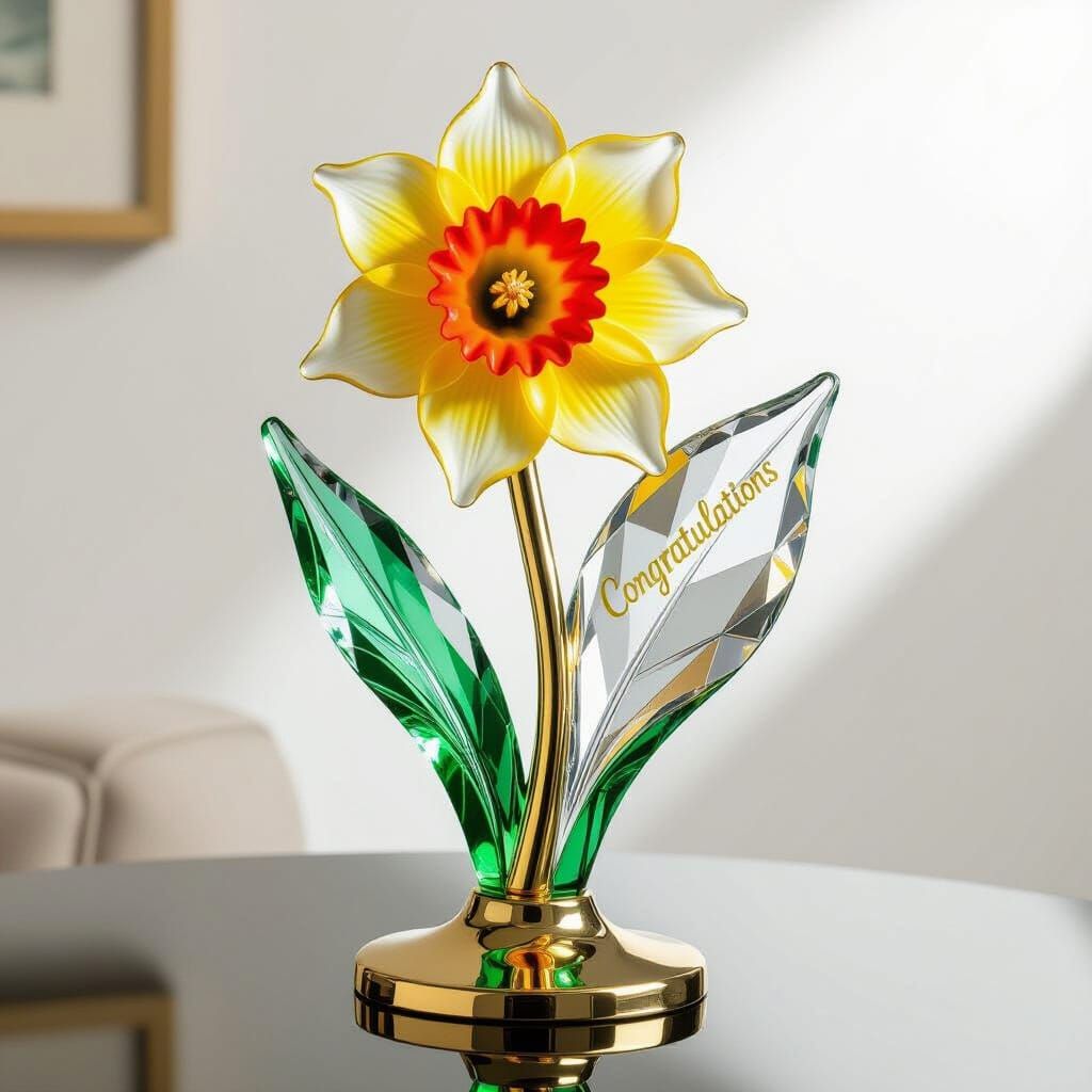 Glass Daffodil Statue with 'Congratulations' Engraving