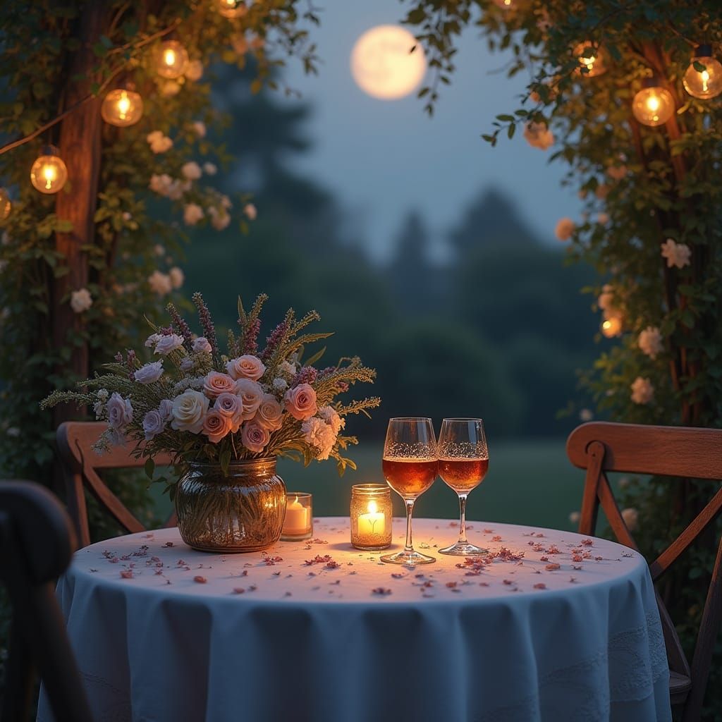 Enchanting Moonlit Garden Sanctuary in Warm, Golden Twilight