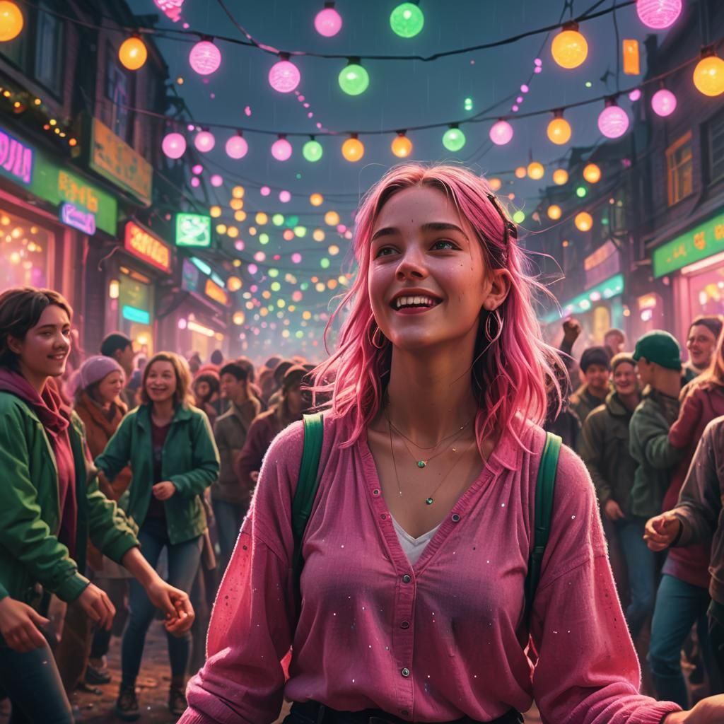 Young Woman Dancing in a Neon Lit Dreamscape