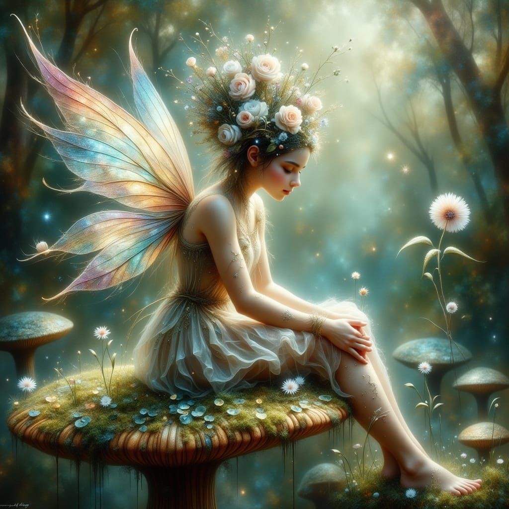 Enchanted Fairy on Mushroom in Bioluminescent Forest