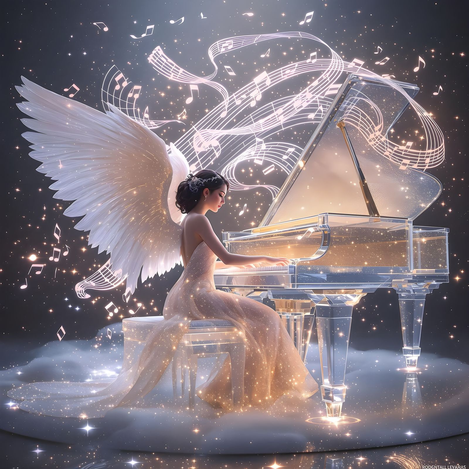 Stardust Piano: Angelic Woman in Hyperrealism