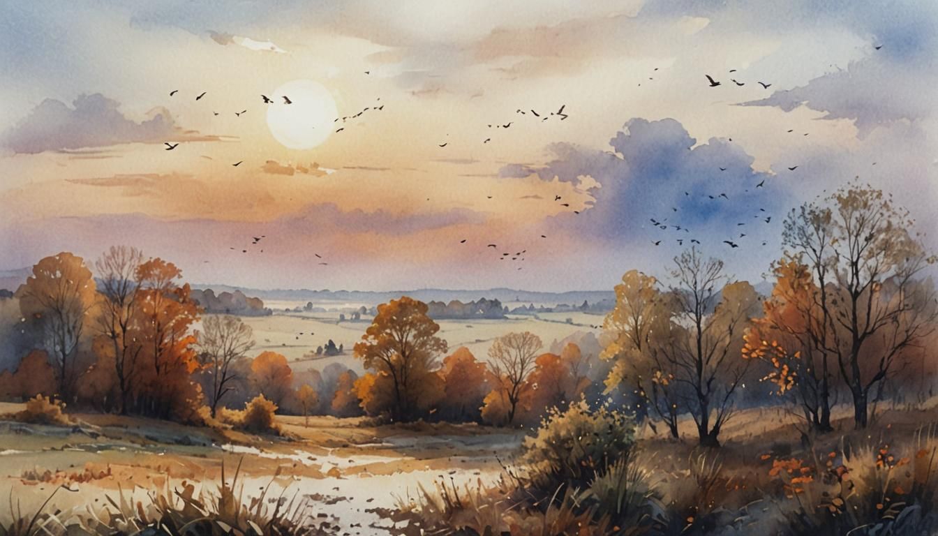 Autumn Field: Watercolor Landscape with Ethereal Lighting