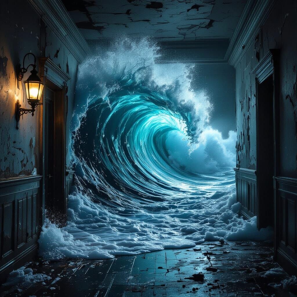 Ominous Ocean Wave Crashes Down Dilapidated Hallway