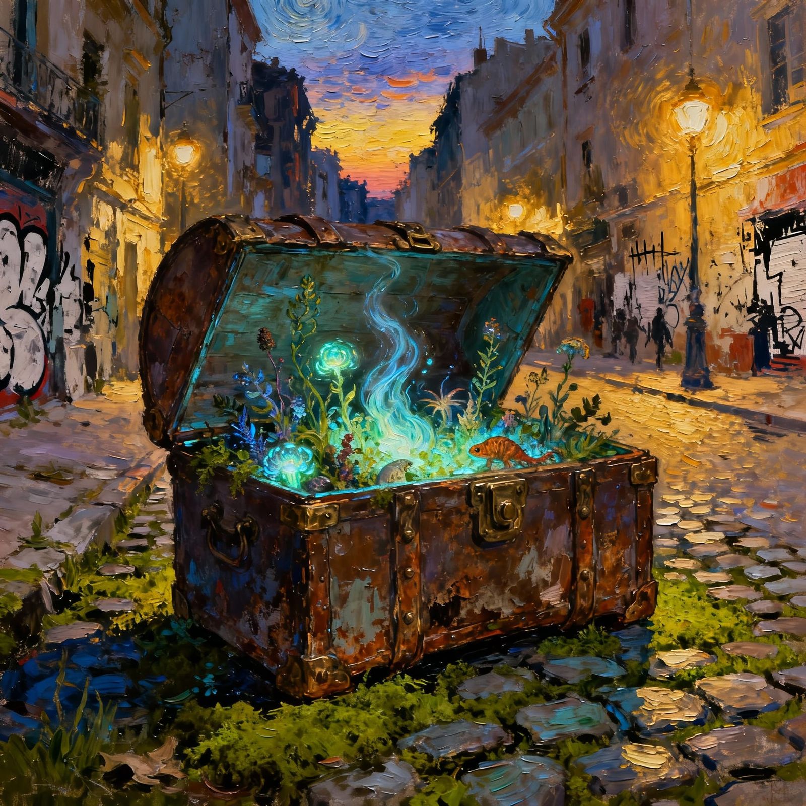 Bioluminescent Treasure Chest on Cobblestone Street