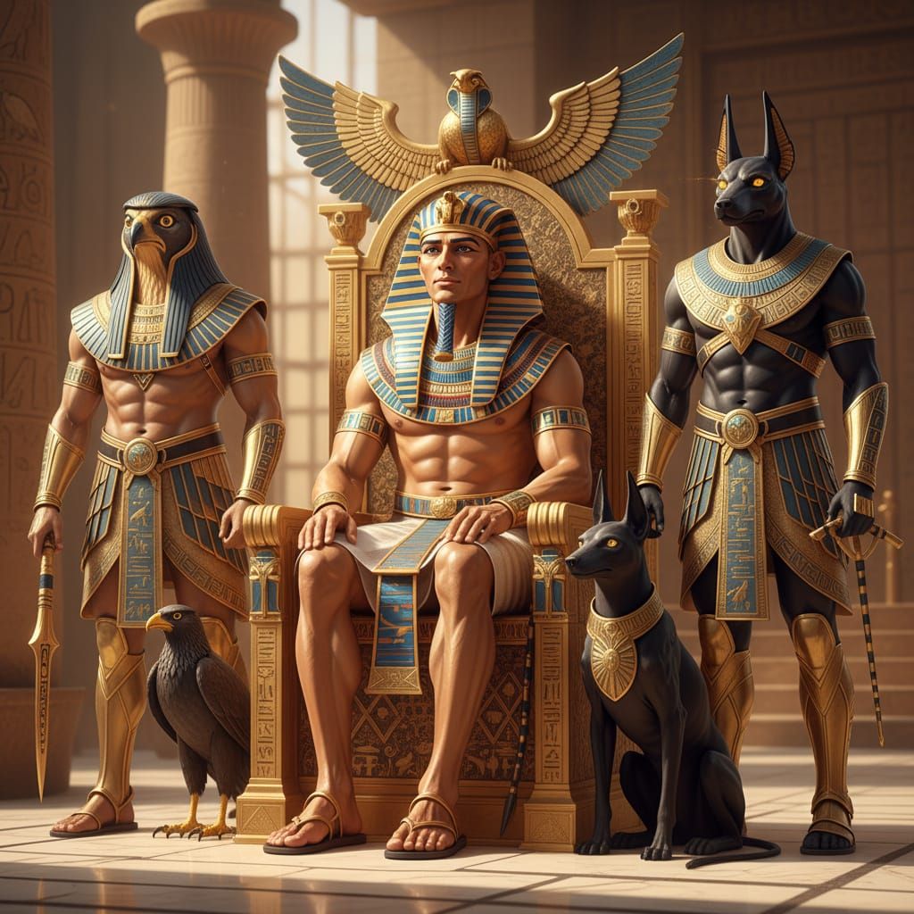 Pharaoh on Golden Throne with Anubis and Horus