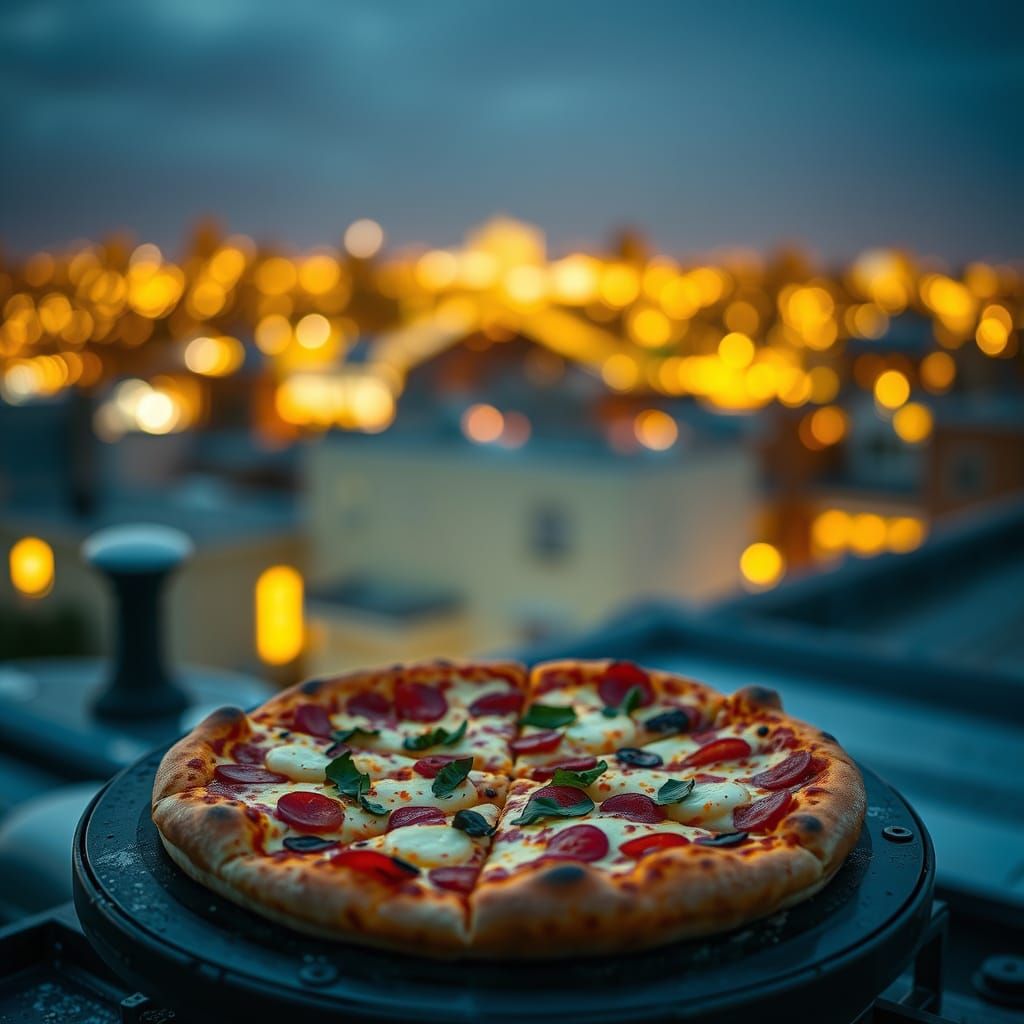 Pizza on Roof at Night: Professional Photography