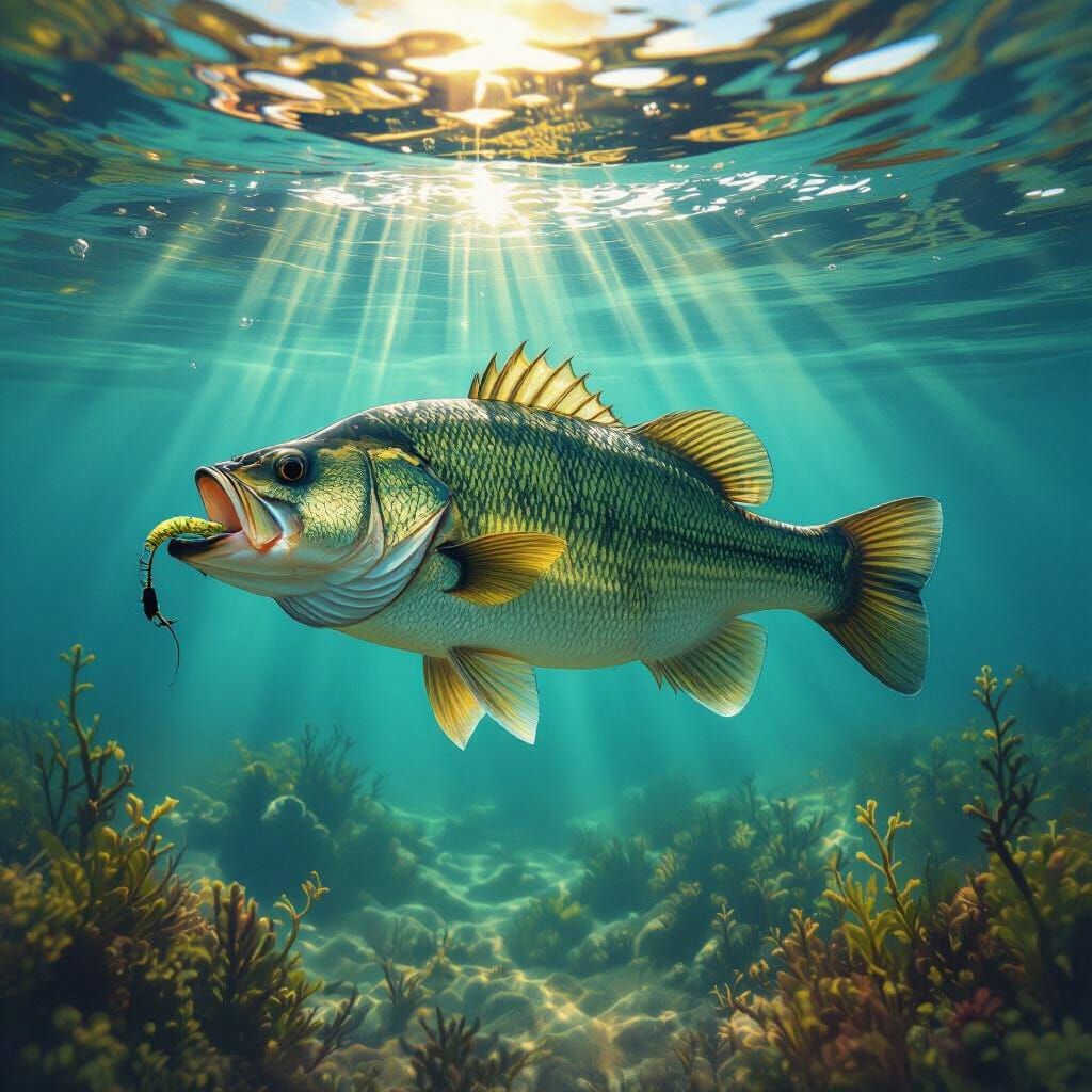 Giant Largemouth Bass With Lure Underwater