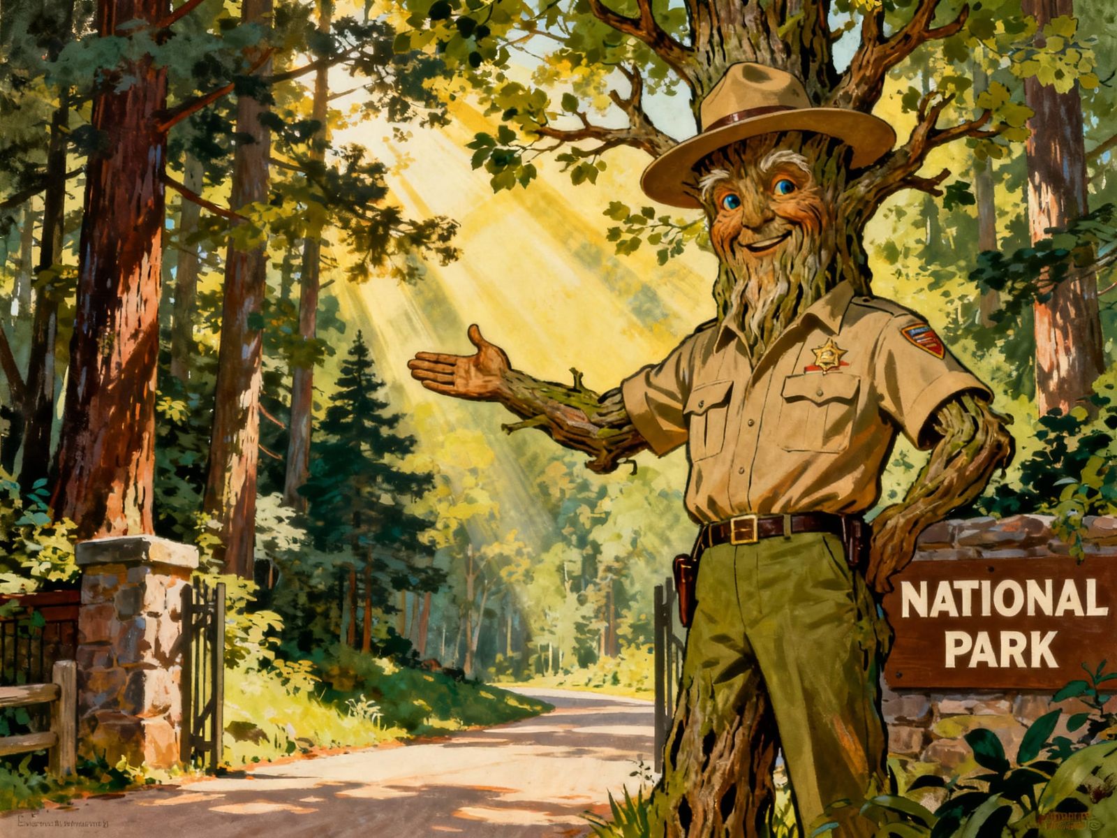 Vintage Park Ranger Tree Welcomes Visitors in 1950s Ad Style
