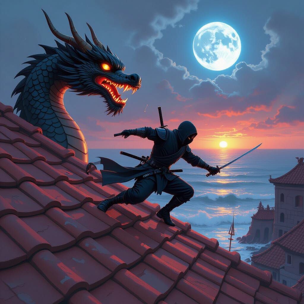 Humanoid Duck Ninja on Dragon Roof in Cyberpunk Style