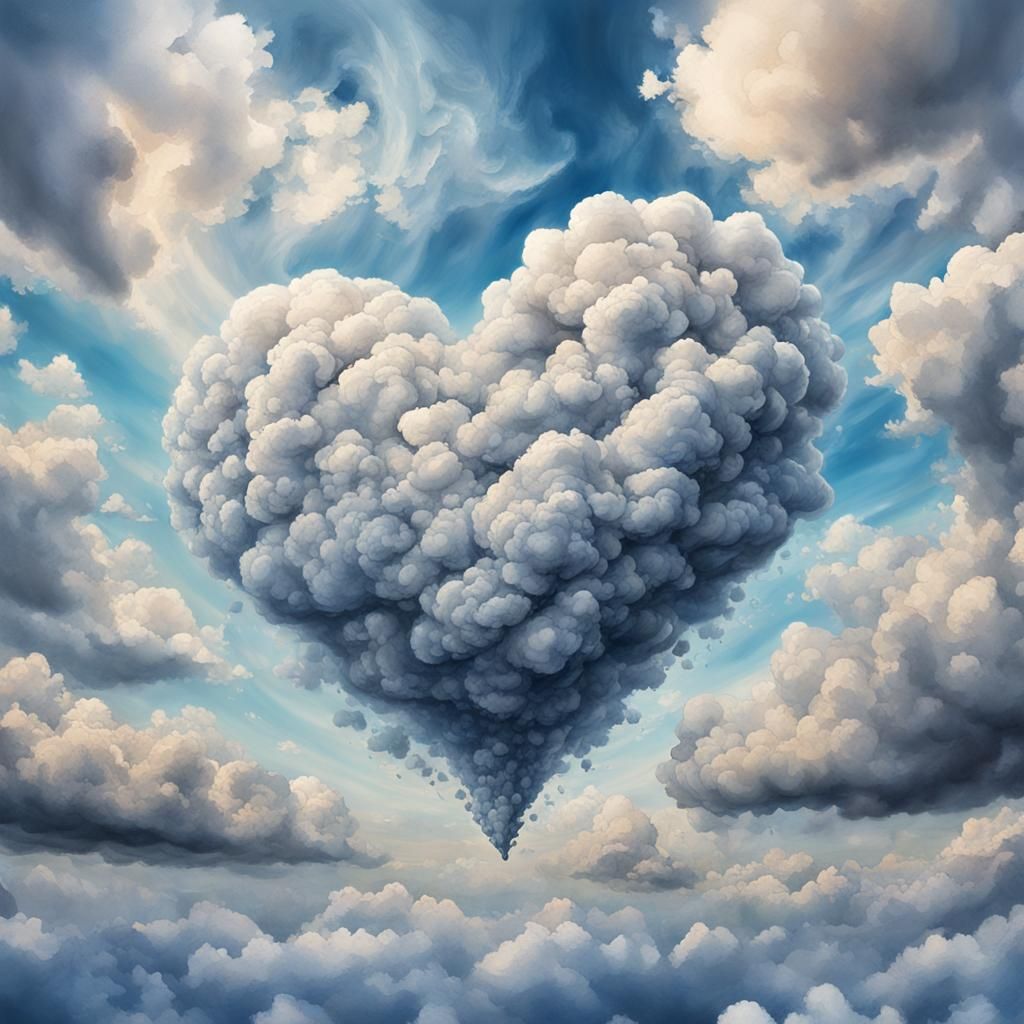 Heart-Shaped Cloud Formation in Watercolor Style