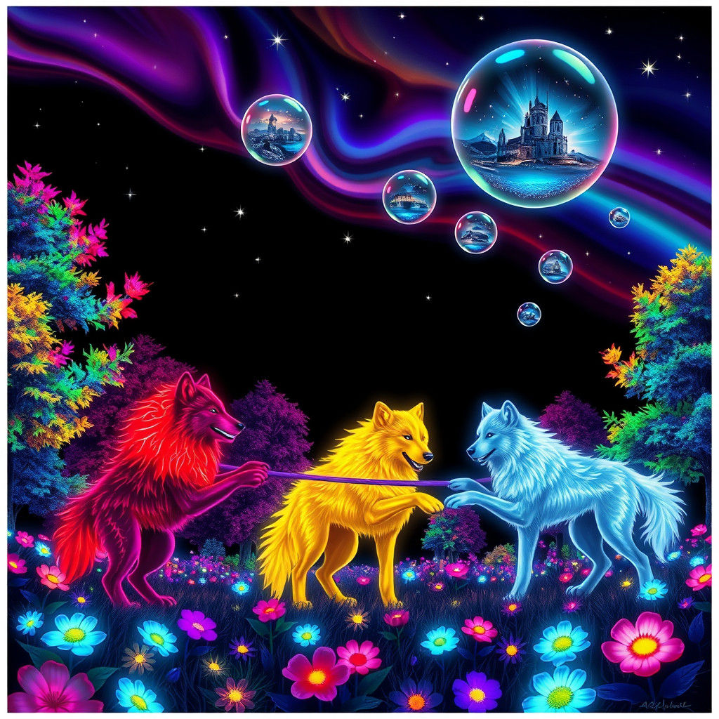 Fluorescent Dream Wolves in a Bioluminescent Garden