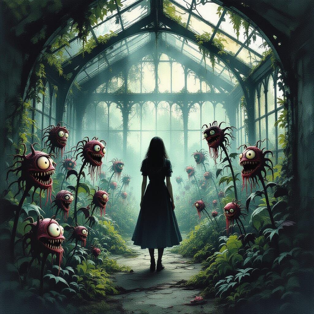 Eerie Garden with Woman in Aquarelle Style