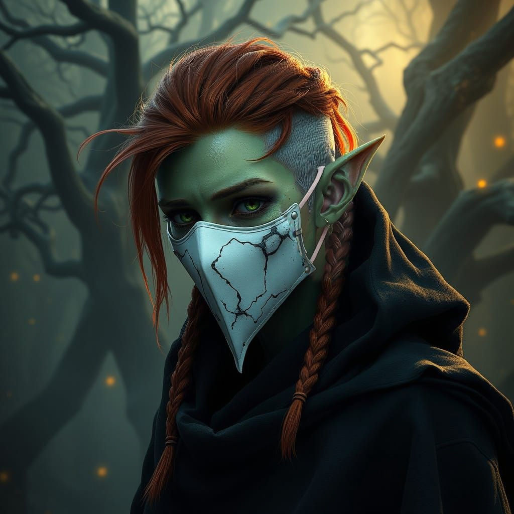Mystical Half-Elf Warlock with Mossy Green Skin and Fiery Re...