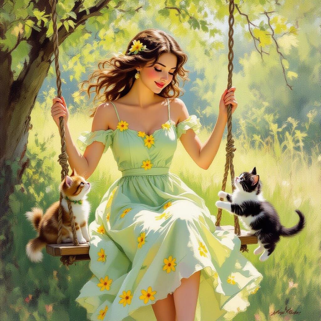 Lady on a Swing with Pets, in Impressionist Style