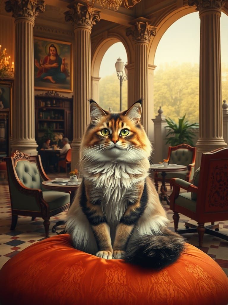 Cozy Ragdoll Cat Cafe Scene in Warm Patanjali-Inspired Atmos...