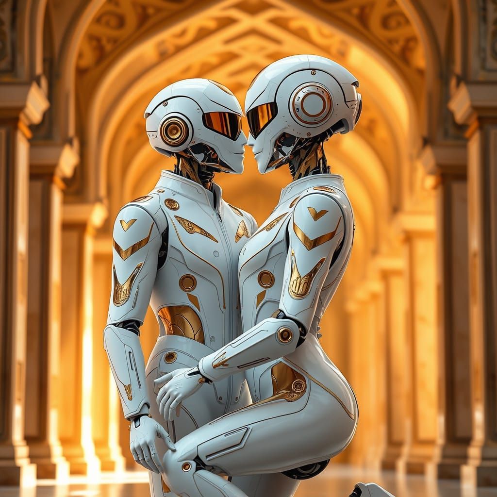 Futuristic Robot Couple's Tender Moment in Kintsugi-Style Ju...