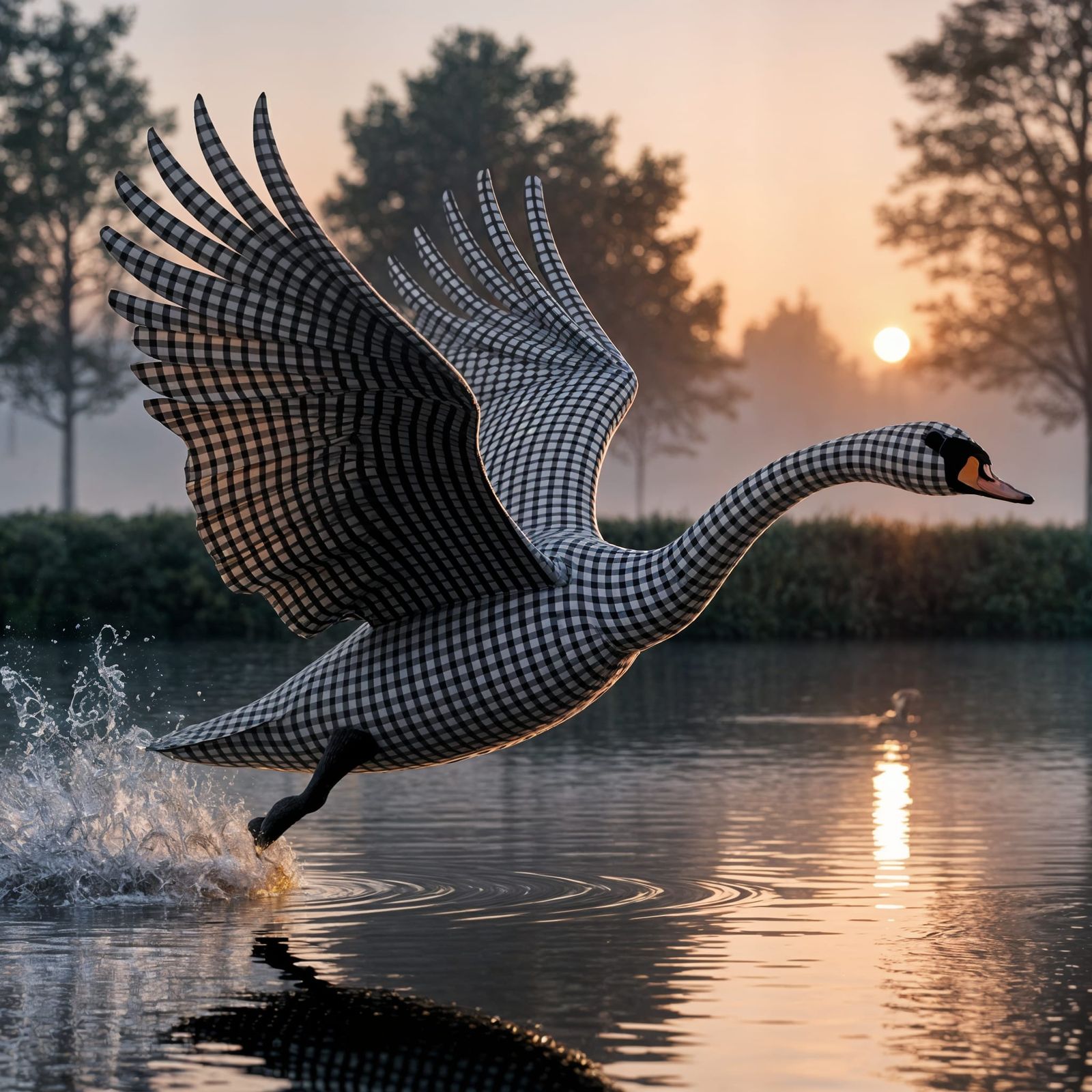 Gingham Swan Takes Flight in Morning Sunrise