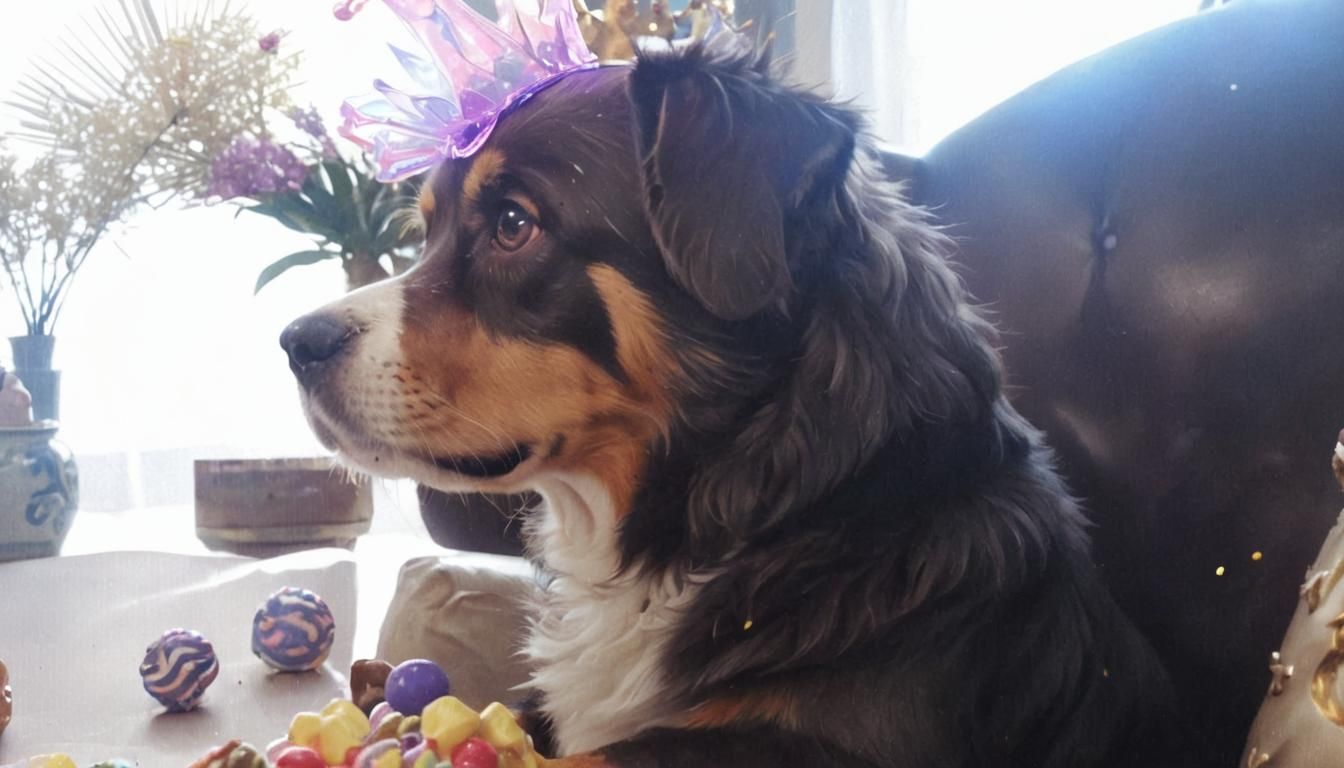 Anthropomorphic Dog Queen on Candy Throne