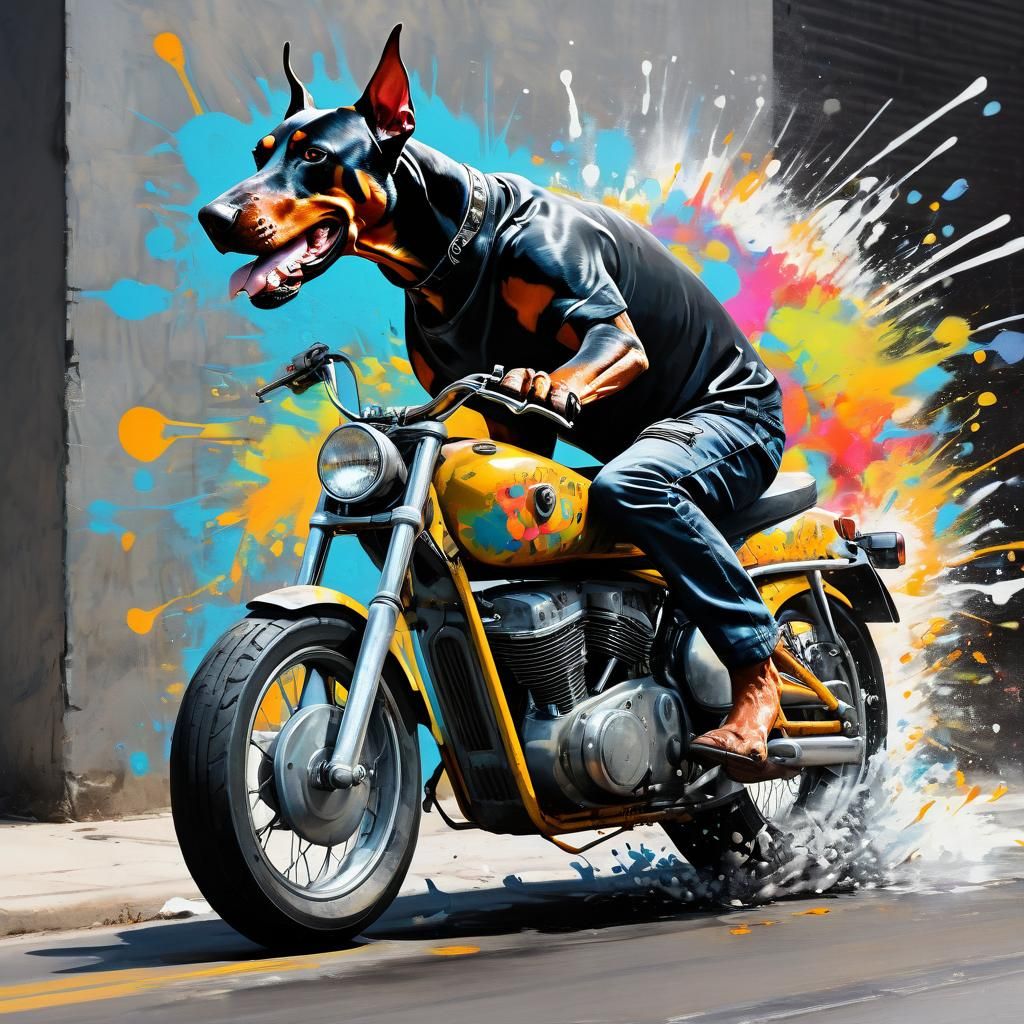 Doberman Dog Motorcycle Rider in Graffiti Art Style