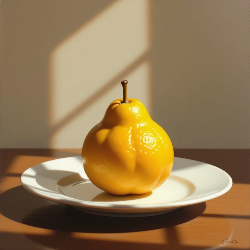 Golden Quince on White Plate, Realistic Still Life