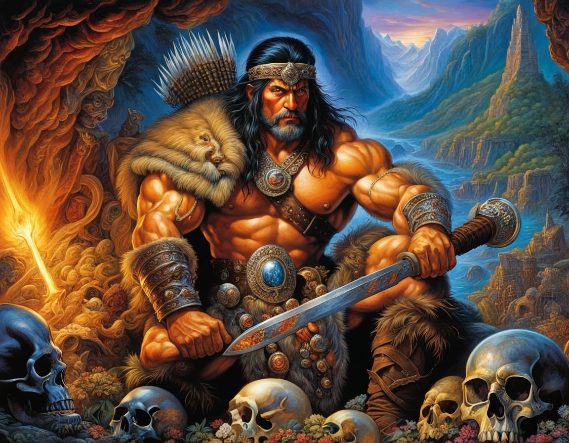 A Barbarian King Seated on Bones in a Dark, Realistic Landsc...