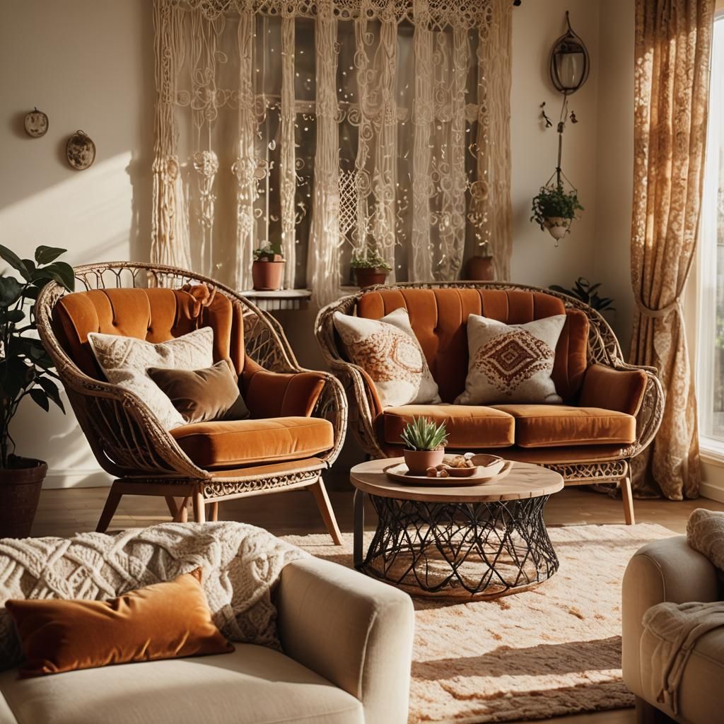 Sunlit Seventies Living Room with Velvet Couch