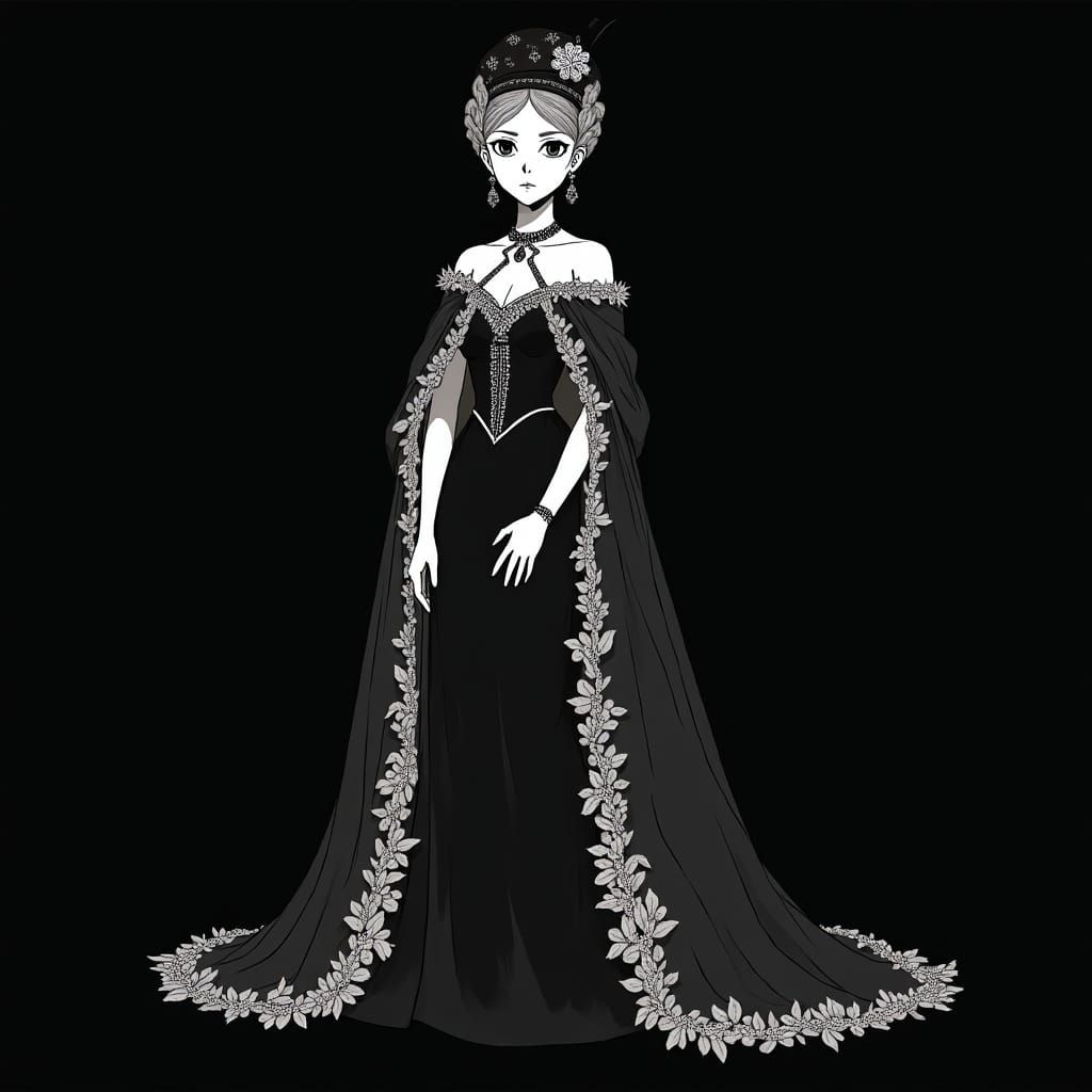 Queen Victoria in Anime-Style Black and White Portrait