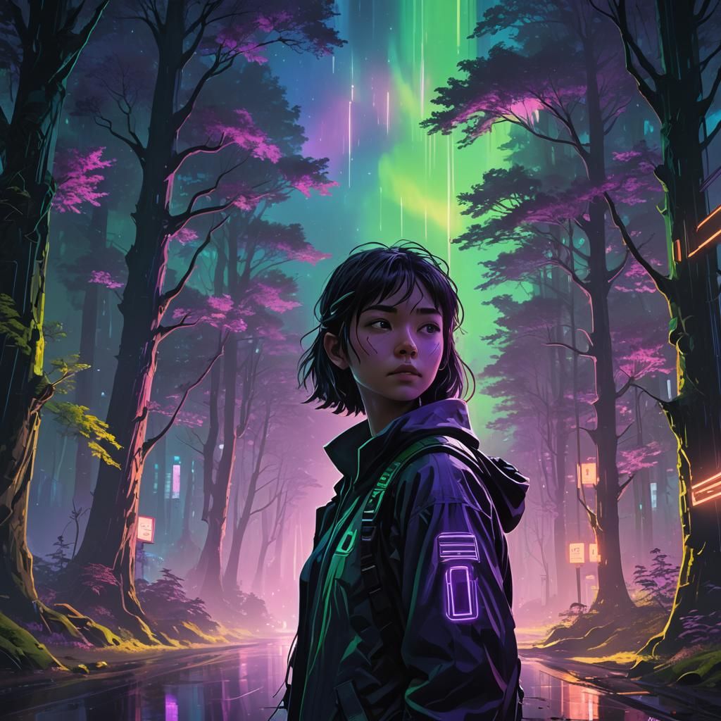 Cyberpunk Traveler at Mystical Forest Edge