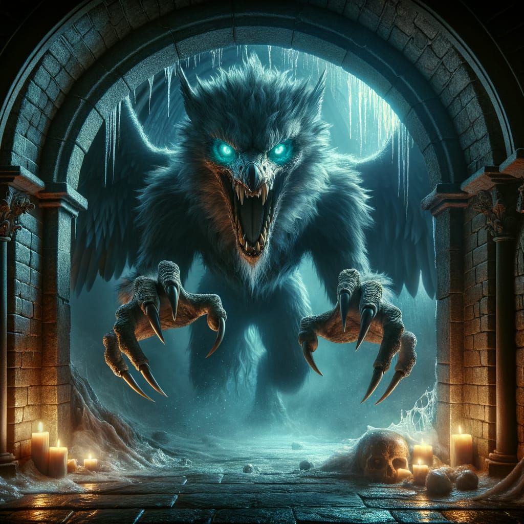 Fearsome Wolf-Eagle Hybrid Emerges in Dark Fantasy Scene