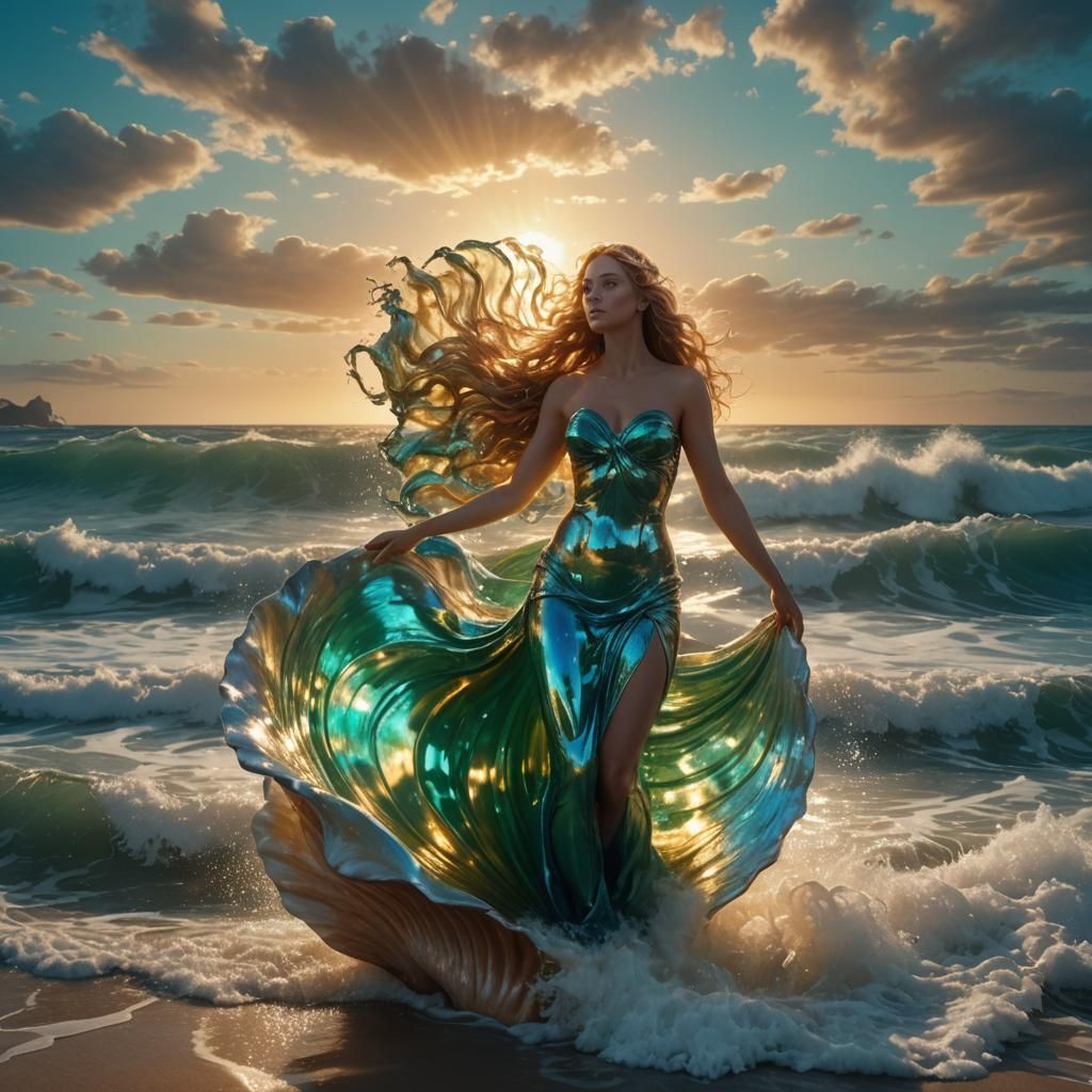 Aphrodite on Seashell, Vibrant Digital Art