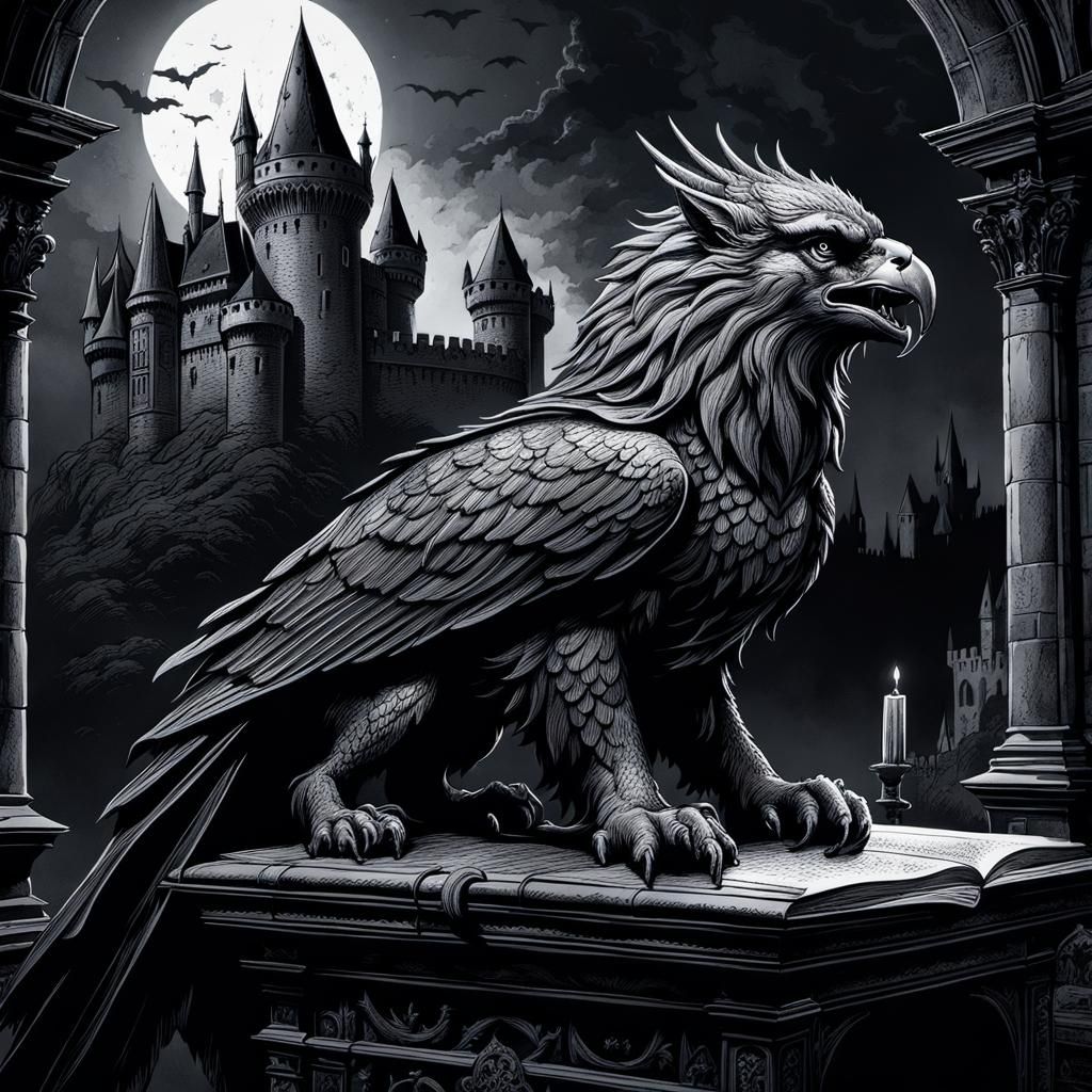 Gothic Gryphon and Vampire in Romania: Pen and Ink