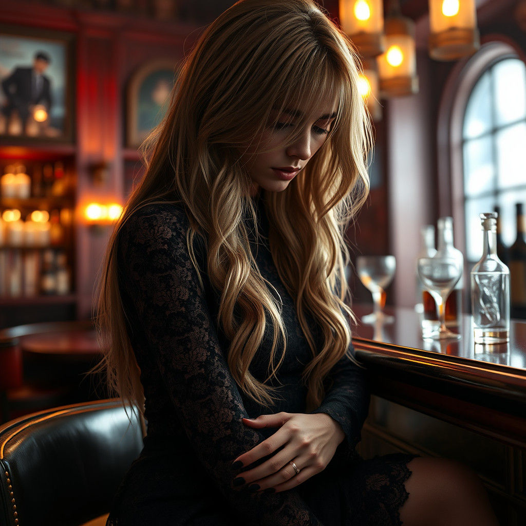 Pensive Woman in Lace Dress at Bar, Fantasy Art