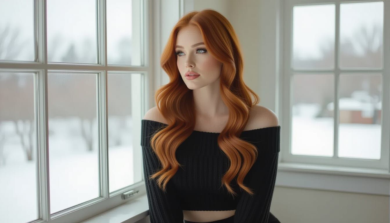 Full Body Portrait of Young Ginger Woman by Window