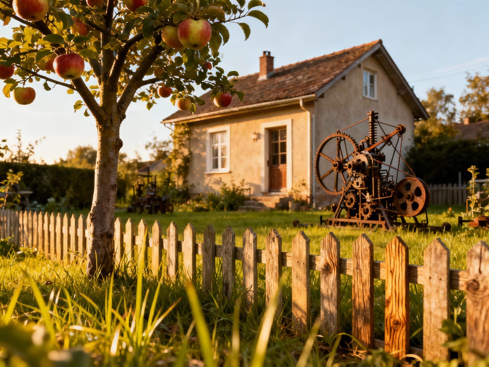 Realistic Photo of Sunny House with Garden and Apple Tree