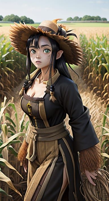 Anime Scarecrow in Cornfield, Animated Style